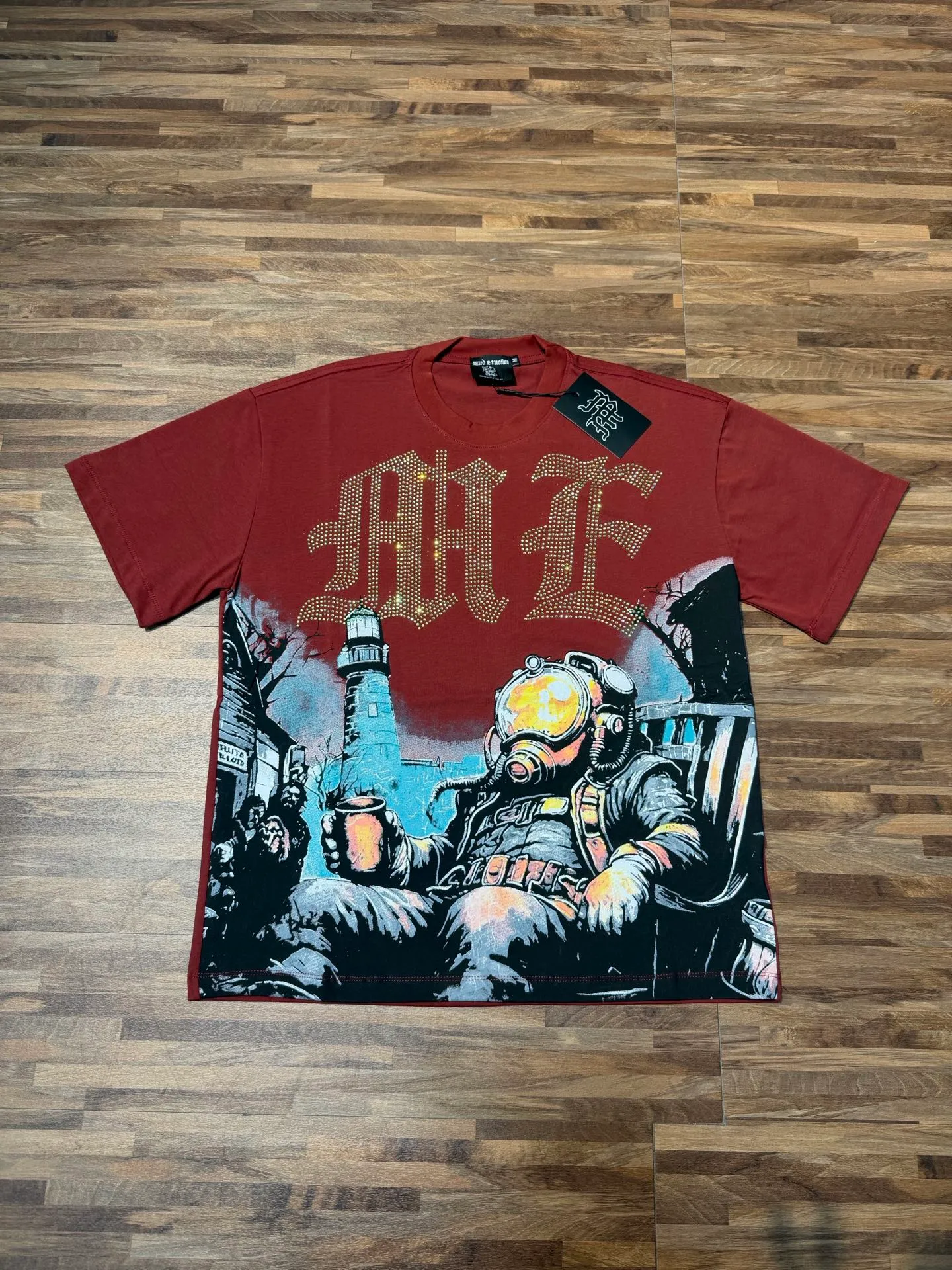 E 8116#Active Black/Anchor Red ｜ MIXED EMOTION In Stock Actual Shot (Imported Australian Diamonds) American Fashion Brand Loose Casual T-Shirt Fabric (fabric): 32 counts Weight combed double yarn pure cotton Sizes (size): S-M L